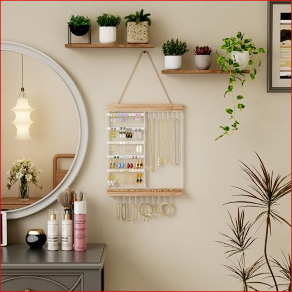 5-Tier Hanging Jewelry Organizer with Wall Mount, White Metal and Wood - Picture 4 of 7